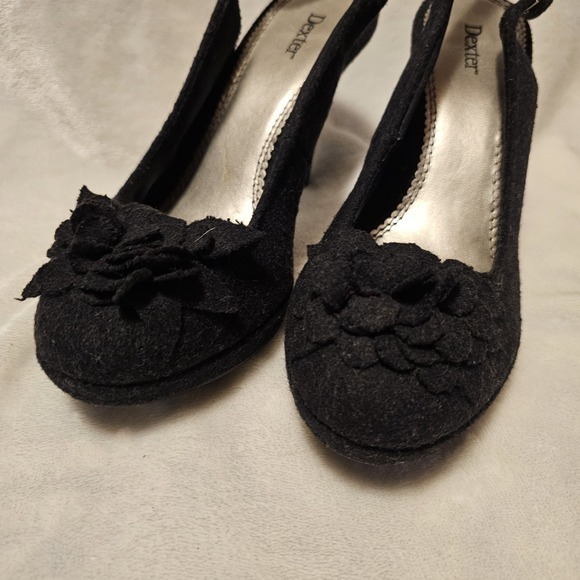 Dexter Black Wool Slingback Heels Decorative Flower On Toe Women's Size 7.5 - Picture 3 of 11